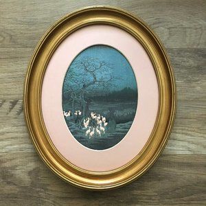 Vintage 80s Oval Frame + Hokusai Kitsune Fox Print Japanese Calendar Art